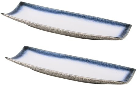 Uaral japanska tallrikar sushitallrikar, stengods rektangulär Teppanyaki-tallrik sashimi-tallrikar lång serveringsbricka 32 cm set med 2 (blå och vit)