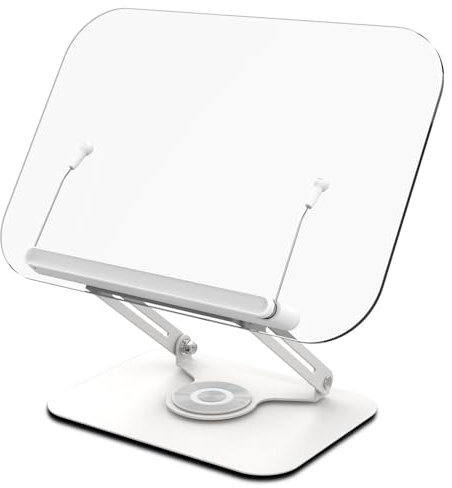 Acrylic Book Stand for Reading, Adjustable Cookbook Holder with 360° Swivel Base, Foldable Recipe Book Holder for Music Scores, Recipe, Magazines, Laptop (Transparent Colour)