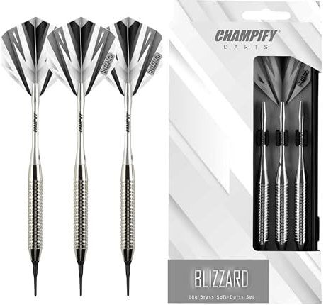 Champify® 18g Brass Soft-Darts Set “Blizzard” mit Kunststoff-Spitze | 3 Dartpfeile mit 6 Schäften & 6 Flights & 30 Softdart-Spitzen | inkl. weiteres Zubehör | Dartpfeile mit Plastik-Spitzen