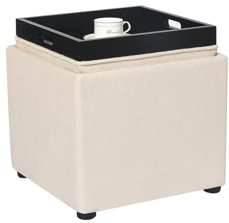 Adeco 17-inch Square Storage Ottoman with Reversible Tray Top, Upholstered Fabric Cube Footrest Stool & Coffee Table for Living Room, Bedroom, and Small Spaces, Beige