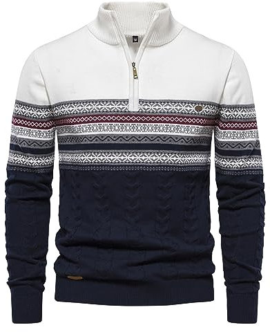 Rollkragenpullover für Herren - Herren Gestreifter Kontrast Pullover 1/4 Zip Neck Design in Schmaler Passform mit Stehkragen und Reißverschluss Herren Strickpullover Stylisch Modisch