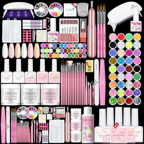 SAVILAND Set per unghie in acrilico con lima per unghie: set di partenza in acrilico per unghie, professionalmente dotato di tutto, luce UV, pennelli per unghie in acrilico, polvere glitterata per