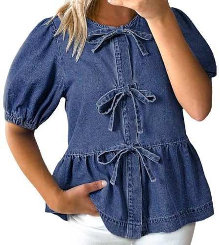 Camicia in denim da donna con maniche a sbuffo e orlo increspato, con fiocco, morbida, a maniche corte, in jeans, per l'estate e il tempo libero, Blu, S