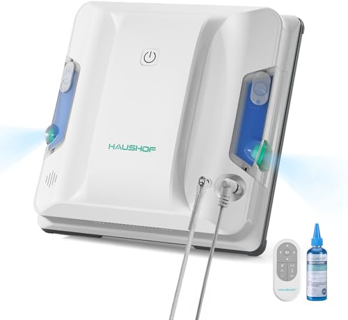 HAUSHOF Robot Lavavetri Finestre, Design Compatto, Doppi Ugelli con Spruzzo Ultrasonico, Percorso Intelligente, 3 Modalità di Pulizia, Trasduttore di Pressione Stabile