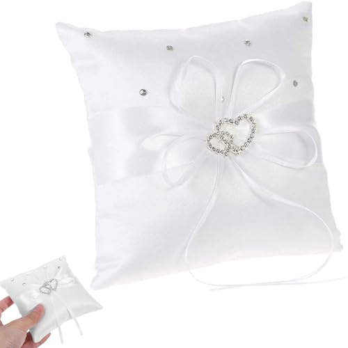 Qanye 1 Pezzo Cuscino per Fedi Nuziali a Doppio Cuore, 20x20 cm Porta Fedi Matrimonio Romantico, Cuscino per Anelli Nuziali, Elegante Accessorio per Cerimonia Matrimonio (Bianco)