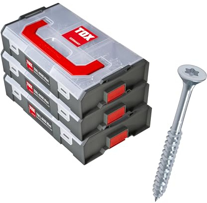TOX L-BOXX Mini Spanplattenschrauben-Sets mit 3 und 3,5/4 / 4,5 und 5 mm, TX-Antrieb und Vollgewinde, 3 verklickbare Sortierboxen mit insgesamt 18 Größen und 1460 Holzschrauben, 094909172
