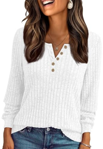 AirMood T-shirt habillé décontracté à manches longues côtelées pour femme, blanc, L