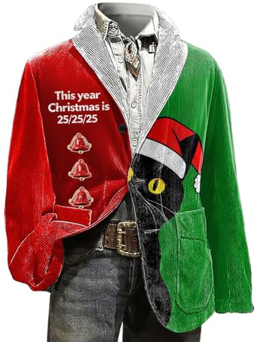 Giacca natalizia da uomo in velluto a coste per feste di Natale, blazer con un bottone slim fit, giacca da ufficio con tasche, Rosso Verde Natale Velluto Giacca per Uomo, L