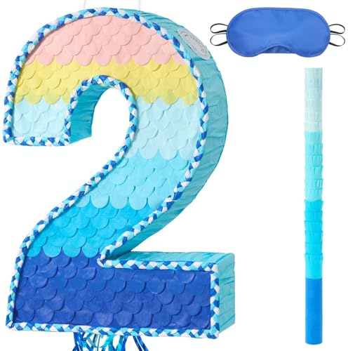WERNNSAI Number 2 Pinata 2nd Birthday Decorations Blue Number Pinata | Two Sweet Party Supplies 2 Year Anniversary Decoration Photo Props Gradient with Blindfold and Stick