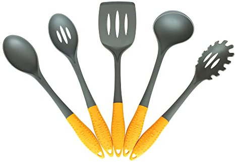 Deiss PRO Set di 5 Utensili da Cucina in nylon - Mestolo per zuppa,Mestolo a fessura,Cucchiaio per Spaghetti,Cucchiaio da servizio,Cucchiaio da servizio a fessura - Sicuro per pentole antiaderenti
