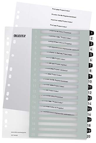 Leitz WOW Utskrivbart register, A4, extra brett, 20 numrerade flikar, polypropen, vit/svart, 12170000