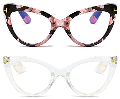 MMOWW Confezione da 2 Occhiali da Lettura Donna con Occhio di Gatto - Occhiali anti-blu Comodi e Alla Moda Grande Cat Eye (Chiaro+Pattern, 1.0)