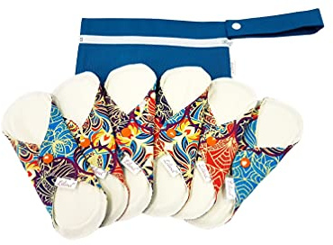 Lilind® Lot de 6 serviettes hygiéniques en tissu organique, 20 cm, sac étanche à fermeture éclair, réutilisable et imperméable, 100 % coton, bleu orient