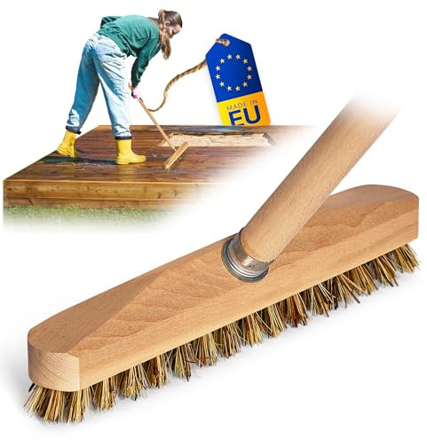 Schrubber aus Holz mit Borsten| Wischer mit Gewinde und Holzstange| Scheuerbürste Union| Boden-Bürste| Ideal für Reinigung Balkon Terrasse Garten Innen- Außenbereich