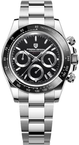 Pagani Design - Reloj de Cuarzo para Hombre con cronógrafo de Cristal de Zafiro de Acero Inoxidable, Resistente al Agua, con Movimiento japonés, Reloj de Cuarzo para Hombre(Plata Y Negro.)