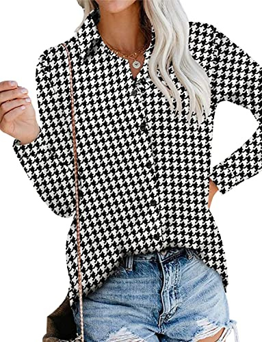 Magritta Black and White Houndstooth Shirts for Women Dressy Professional Petite Size V Neck Collared Long Sleeve Button Down Cuffed Ladies Blouses Tops XX-Large
