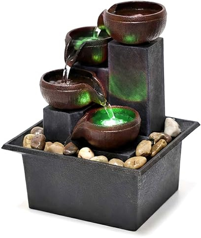 Father'sDen Collection Tabletop Water Fountain-Water Fall Fountains-Indoor Desktop Fountain with Audible Calming Waterfall Sounds for Feng Shui Effect-Cascading LED Color Lighting