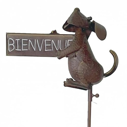 Tuteur de Jardin Panneau Bienvenue Écriteau Bienvenue Motif Chien Marron en Métal 10x31x132cm