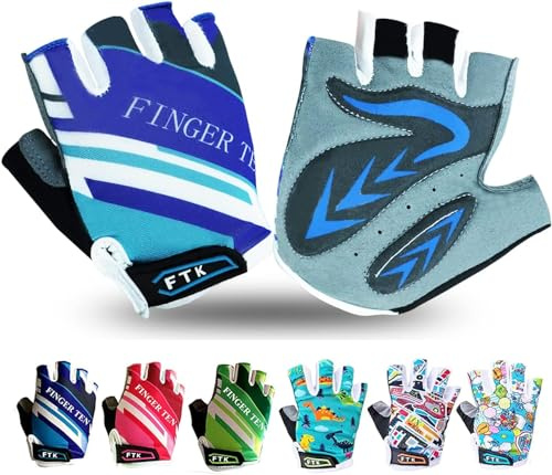 FINGER TEN Kids Cycling Gloves Half Finger Gel Padded (Navy, Large)