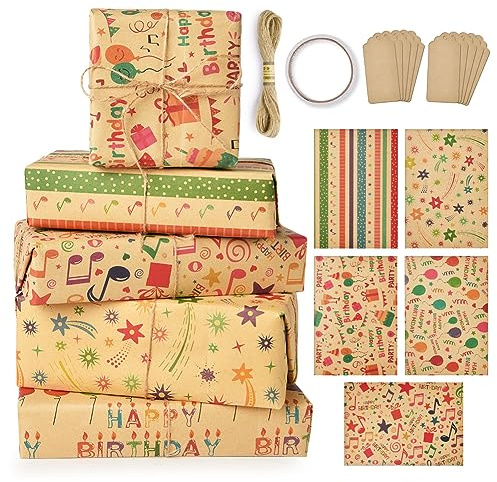 OFFCUP Kraft presentpapper, 5 st, 50 x 70 cm, inkl. 10 etiketter och 1 rulle dubbelsidig tejp, för jul, barns födelsedagar