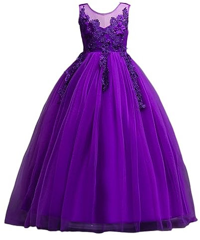 DISSA Robe Princesse Violet Sans Manche pour Filles - Robe de Bal en Tulle et Dentelle pour Soirée de Mariage - Enfants 7-8 Ans, D832