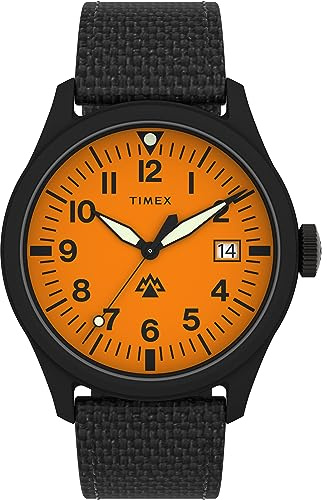 Timex Herren-Armbanduhr Expedition North, 43 mm, braunes, umweltfreundliches, zweiteiliges Armband mit Schnellverschluss, oranges Zifferblatt, braunes Gehäuse TW2W23700