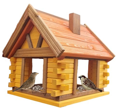 Dacko-Wood Aneta Dacko Mangeoire à oiseaux en bois pour oiseaux, à suspendre, avec support, résistante aux intempéries, 35 x 32 x 37 cm, bois de pin, décoration pour jardin et balcon