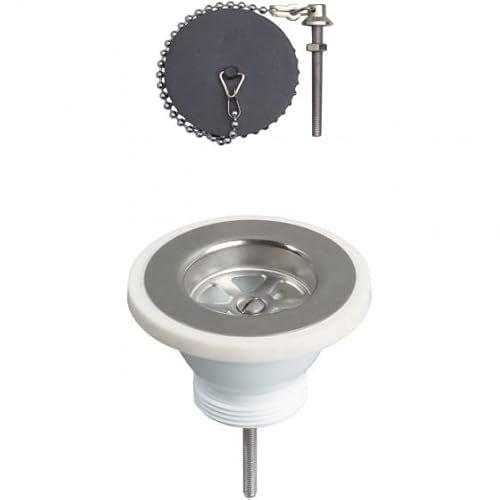 Wirquin 30723129 Bonde pour évier de cuisine 1 bac Ø60 mm avec bouchon sans trop-plein, blanc