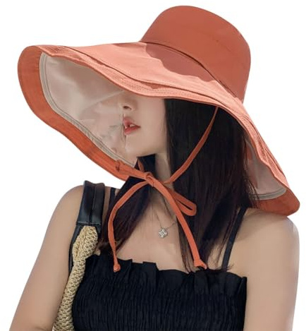 Sombrero de sol reversible plegable de ala grande para mujer, de ala ancha de 6.9 pulgadas, protección UV, sombreros de playa con correa, naranja, 2-8