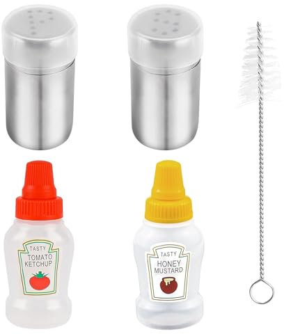 Mini Salt Shakers, 4 Pcs Salt and Pepper Shaker Set, Travel Salt Shakers with 2 Portable Mini Sauce Bottles Small Squeeze Bottles for Bento Boxes Cars Offices Camping and Outdoor Use