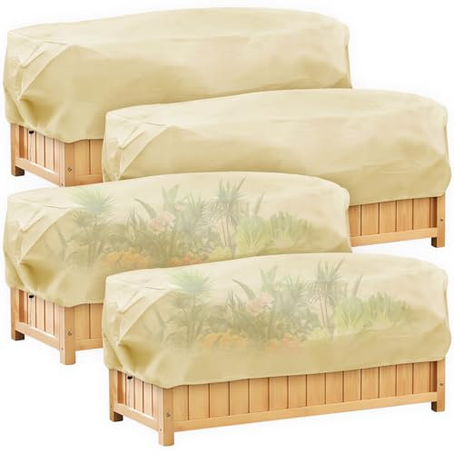 Lohofrnny Winterschutz für Blumenkästen, Atmungsaktiv 80g/m² Winterschutz für Pflanzen, Frostschutz für Blumenkasten mit Kordelzug, Schützt Blumen in Balkonkästen, Beige (150 x 45 x 40cm, 4 Stück)