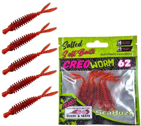 SEABUZZ Gummifische Angelköder Set Creo Worm 5Stk x 62mm - Hecht Forelle Barsch Gummiköder - Wels & Zander Kunstköder - Raubfisch Angelnset - Süß- und Salzwasser Angelausrüstung (Red/Black Seed)