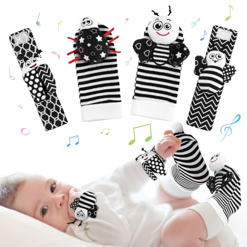 GSrenyu Foot Finder Socks & Wrist Rattles Baby Toys 0-6 Months Black and White Newborn Sensory Toys for Baby Boy & Girl Baby Rattle Toys for 0-12 Months Infant Boys Girls Gift