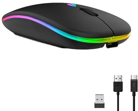 INDOTEAM Bluetooth USB Wireless Mouse | Slim LED Colour Changing Bluetooth Rechargeable Wireless Mouse for Gaming, PC, Laptops, Mac Computers | Silent Click Re-chargeable Wire-less Blue-tooth USB Mice