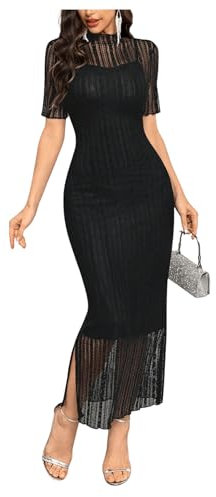 SweatyRocks Damen Spitzen Kleid Langes Sommerkleid Elegant Figurbetont Kleider Engers Kleid Freizeitkleid mit Wellensaum Schwarz M