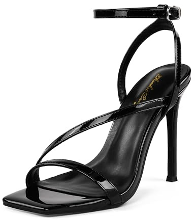 Zhabtuc sandali donna tacco alto, design quadrato, punta aperta, cinturino comodo, tacco a stiletto 10 cm, perfetti per feste e uso quotidiano, Nero, 39 EU