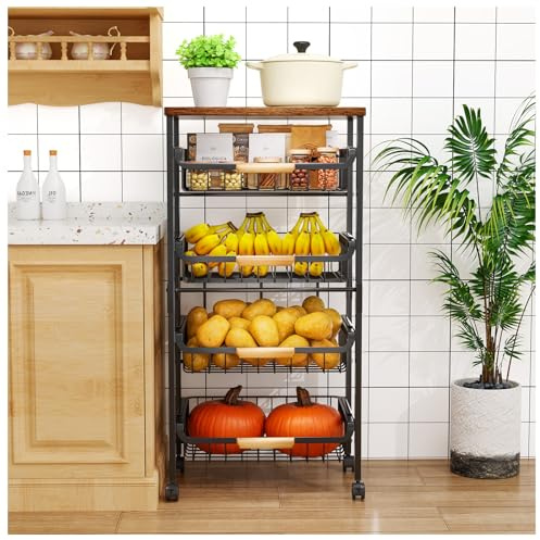 OrderlyGo 5-Tier Rolling Kitchen Cart - Versatile Storage Organizer with Natural Wood Countertop, Lockable Casters & Modular Baskets, Mobile Shelving Unit for Pantry, Office, or Living Room (Black)