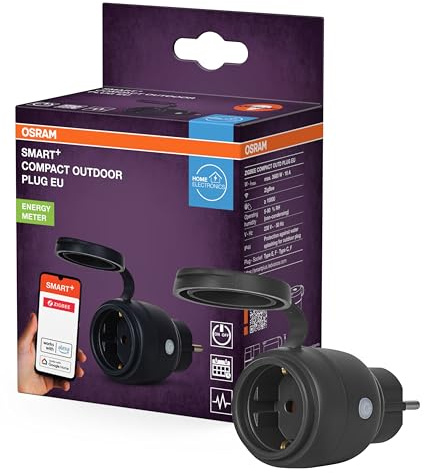 OSRAM SMART+ ZIGBEE Outdoor-EU-Steckdose, Außensteckdose mit Energieverbrauchskontrolle in Schwarz aus PP, IP44-Schutz, Integration von Geräten ins Smart Home