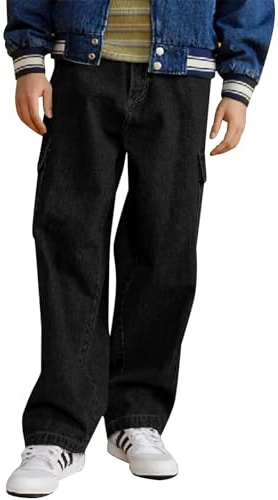 Haloumoning Pantalon cargo pour garçon - Jean baggy décontracté - Pantalon de loisirs - Pantalon en denim avec taille élastique - 5-14 ans