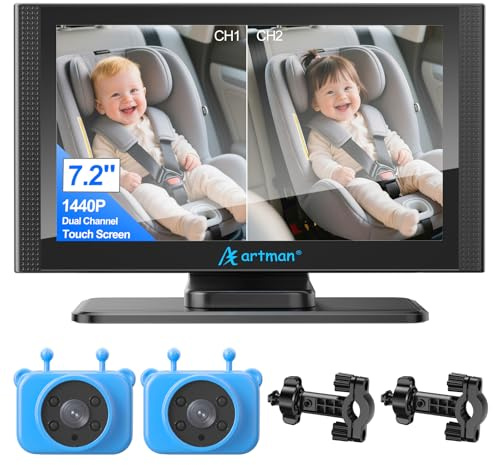 Baby Kamera Auto für 2 Kinder, Spiegel Auto Baby Rückbank 7,2 Zoll Split-Screen Doppelkamera HD 1440P IPS Touchscreen, IR-Nachtsicht & 360°Drehbar, Einfache Installation Kompatibel mit Allen Autos