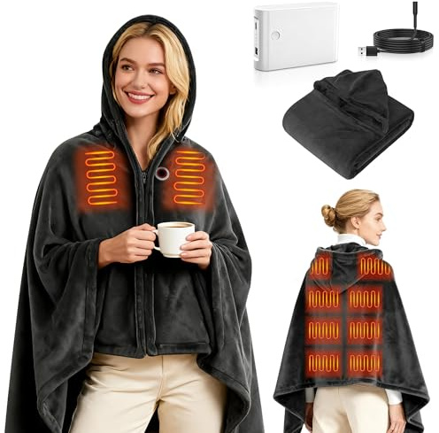 Couverture Chauffante,180x110cm Couverture Chauffante USB Sans Fil 9 Zones,Portable Plaid Électrique Rechargeable à Batterie 20000mAh,3 Niveaux de Chauffage,Poncho Chauffant pour Canapé,Bureau (Gray)