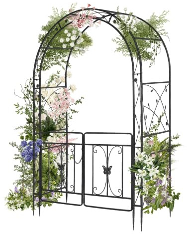 Bonnlo Arche de Jardin avec Portail, Arche en Fer pour Plantes Grimpantes et Rosiers, Tonelle Jardin pour Mariages, Fêtes et Décorations Extérieures, Noir
