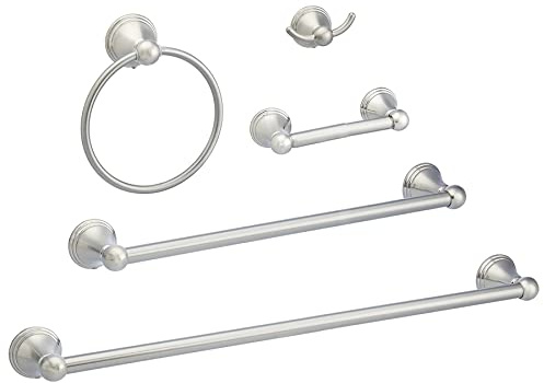 Amazon Basics 5 Piece Bathroom Hardware Set, Satin Nickel, Towel Bar, Toilet Paper Holder, Towel Ring, Robe Hook, AB-BR817-SN