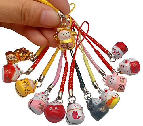 EatingBiting 12PCS Random Fortune Lucky Japanese Beckoning Cat Maneki Neko Keyring Keychain Key Rings, Fengshui Fortune Lucky Cat Kitty Key Chains Keyrings Keychain good health mascot Avoid evil
