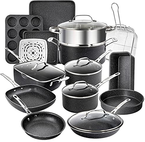 Granitestone 20 Pcs Pots and Pans Set, Complete Cookware Bakeware Set with Ultra Nonstick Durable Mineral and Diamond Surface, Stainless Stay Cool Handles Oven and Dishwasher Safe, Black