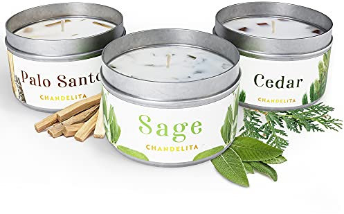 Chandelita Velas Aromáticas Grandes de Salvia, Cedro y Palo Santo de Cera de Soja para Limpiar el Ambiente - Velas Decorativas - Velas Aromaticas Perfumadas - Candles - Para la Relajación y Meditación