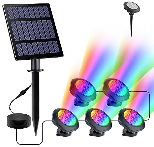NATPOW Luci solari per laghetto, luci subacquee per laghetti 18 LED super luminosi RGB paesaggistico IP68, luci LED sommergibili per piscina, fontana stagno (lampada a 5 teste)