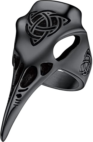FaithHeart Anillos de cuervo vikingo para hombre, personalizable, gótico, punk, pájaro, calavera, motorista, acero inoxidable, dorado/negro, amuleto nórdico, talla O-Z+3, con caja de regalo, Acero