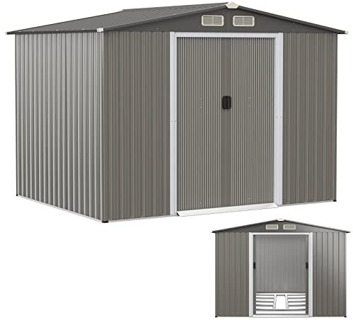 COSTWAY 7x4FT/8x6FT/8.5x7FT/9x6FT Galvanized Metal Garden Shed, Outdoor Lockable Tool Storage House with Foundation, Ramp, Vents & Sliding Door, Weatherproof Storage Shed Box (8.5x7FT, Grey)