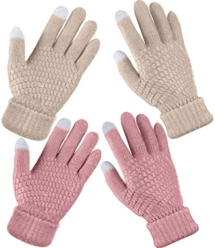 Geyoga 2 Pairs Women's Winter Touch Screen Gloves Soft Warm Fleece Lined Knit Elastic Cuff Winter Texting Gloves(Pink, Beige)